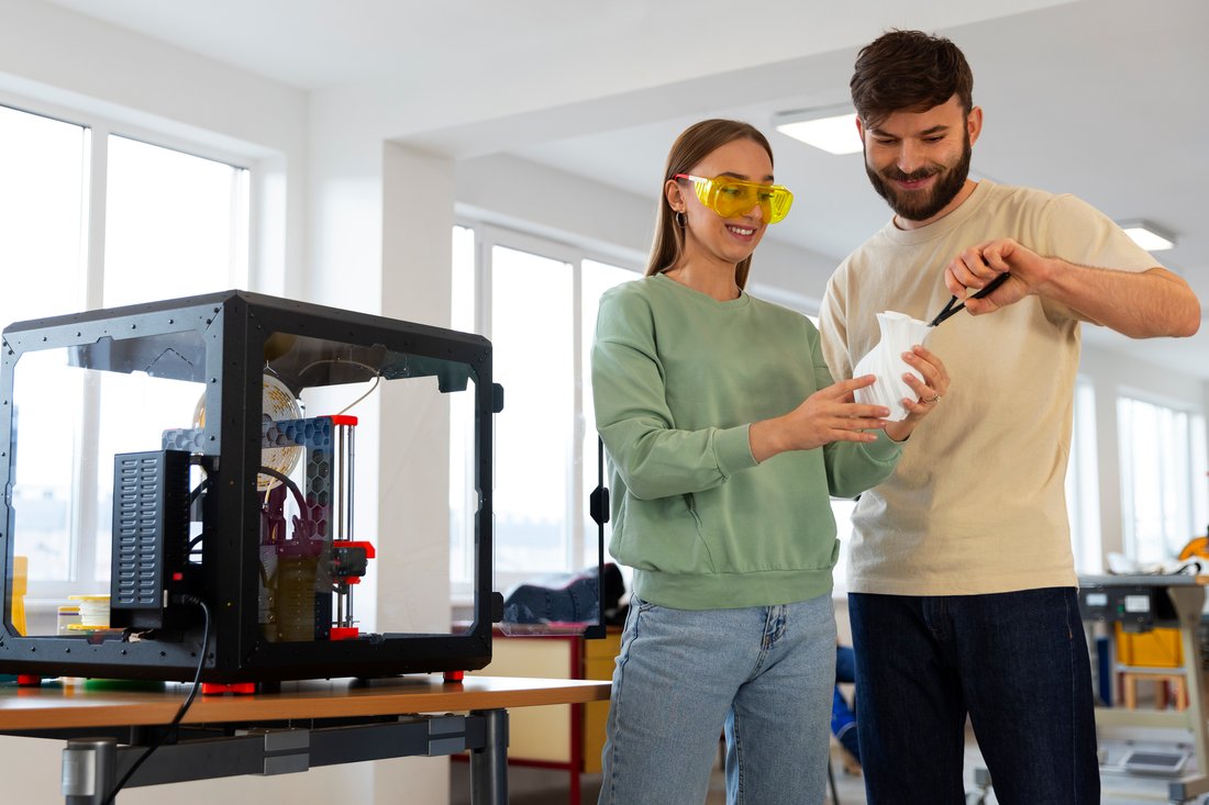 Studenci pracują przy drukarce 3D